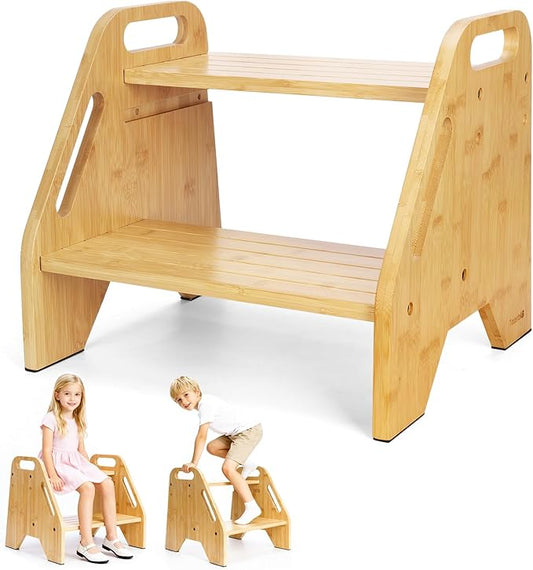 Timberfolkfz Toddler & Kids Step Stool, Adjustable Bamboo Wooden Step Stool for Kitchen, Bathroom Sink & Toilet, Non-Slip 2 Step Stool, Sturdy Compact Design, 220 lbs Capacity