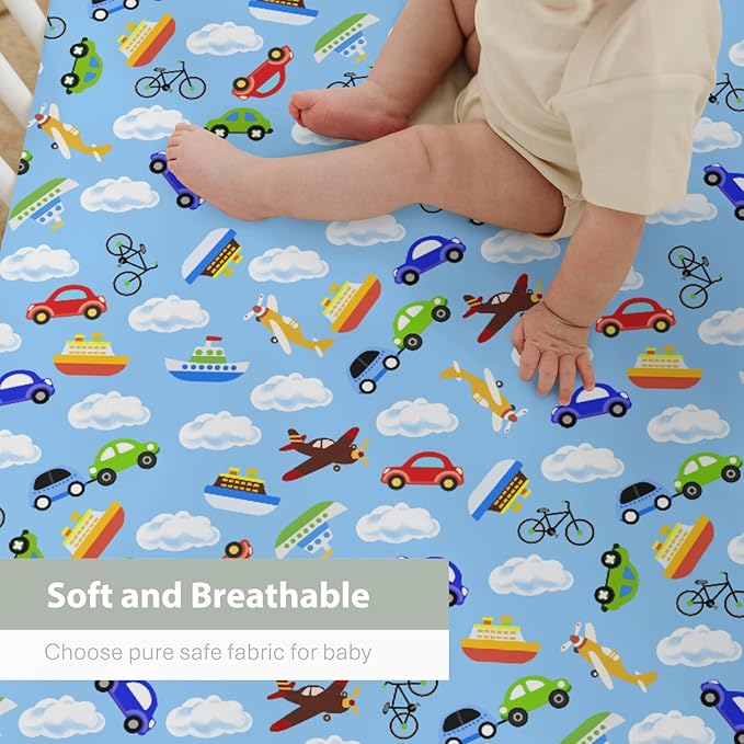 Planes Automobiles Transport Baby Crib Sheets for Boy Girl 28"x52" Airplanes Boats Bike Car Clouds Blue Soft Stretchy Fitted Crib Mattress Cover Travel Baby Sheet for Standard Crib & Toddler Mattress