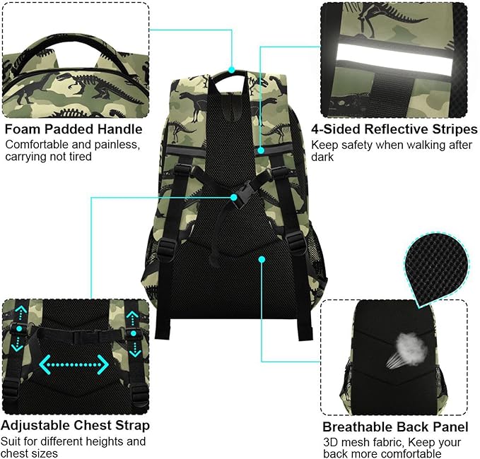 MNSRUU School Backpack with Chest Strap, Dinosaur Camouflage Pattern Laptop Backpack, Travel Hiking Backpack for Boys Girls, Rucksack, Knapsack