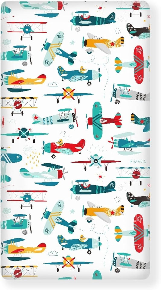 Airplane Fitted Crib Sheet for Boys Girls Cute Airplanes Baby Sheet for Standard Crib and Toddler Colorful Stars Clouds Nursery Bed Mattress Sheets 28"x52"
