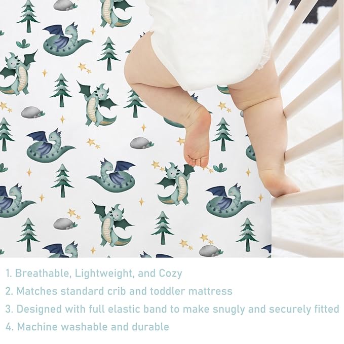 Cartoon Fairy Tale Dragon Trees Stars Baby Crib Sheets 52''x28'' Watercolor Dragons Stretchy Fitted Crib Mattress Cover for Boy Girl Soft Bed Sheet for Standard Crib and Toddler Mattress
