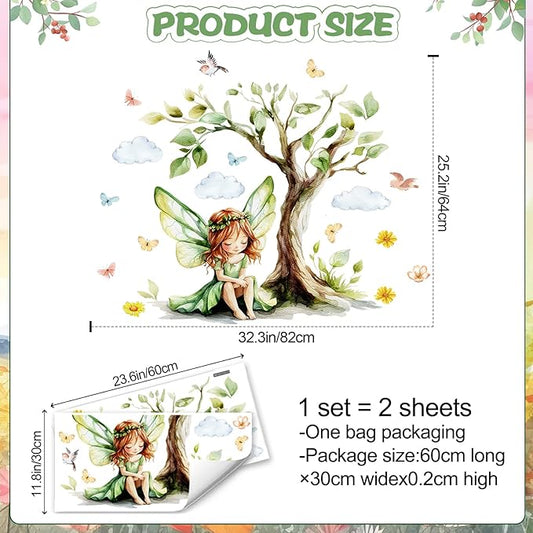 DRWSSR 2Sheets Removable Cartoon Green Butterfly Elf Girl Decals Fairy Wall Decals DIY Tree and Leaves Wall Sticker Peel and Stick Butterfly Bird Art for Girls Room Living Room Bedroom Bathroom Decor