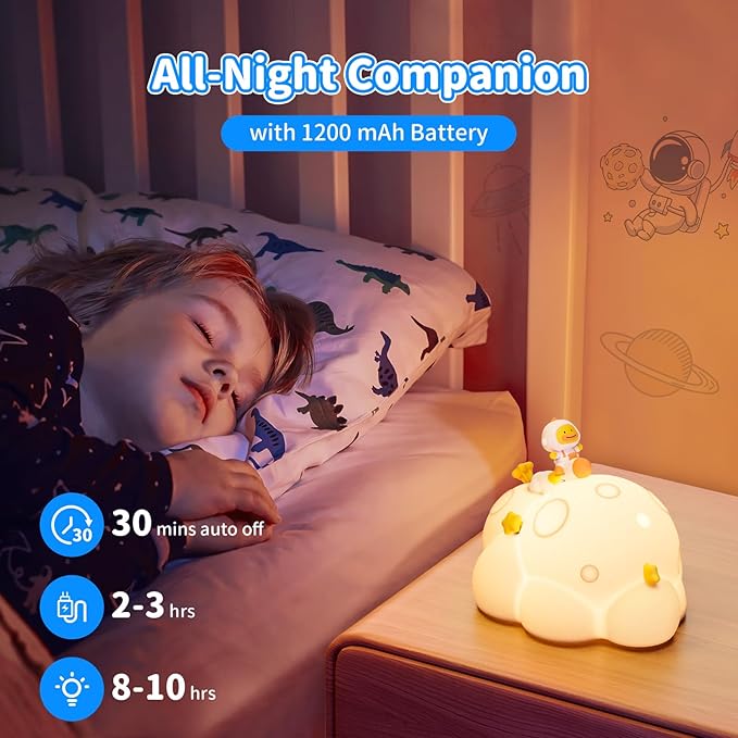 ICARER FAMILY Auto-Off Night Light for Kids - Rechargeable Touch Control Bedside Lamp, Planet Night Lights for Nursery, Gift for Girls Boys