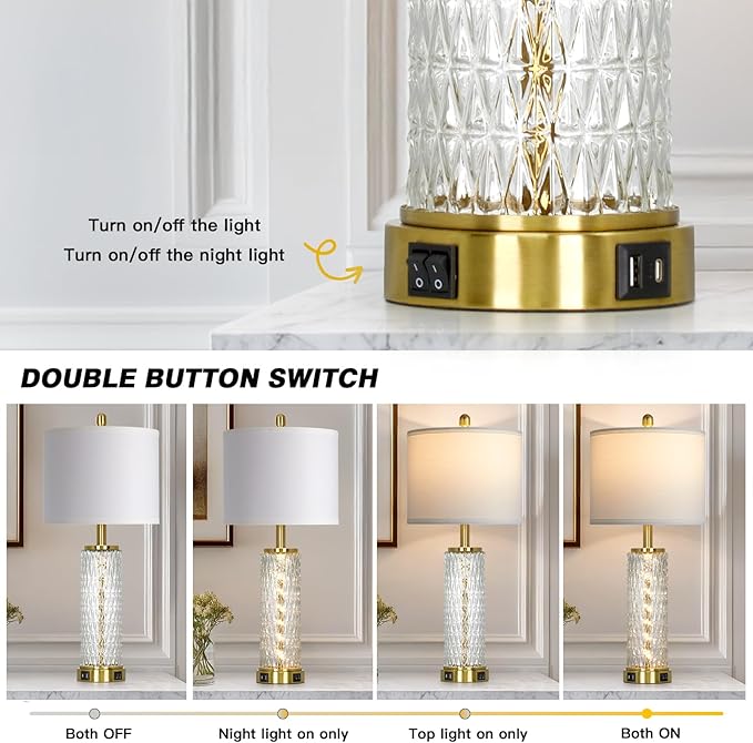luxeflow 28" Gold Glass Table Lamps Set of 2, Gold Modern Bedside Lamp with LED Night Light, USB A+C, Glass Lamps for Living Room, Bedroom, Nightstand, Office, End Table (2 Bulbs Included)