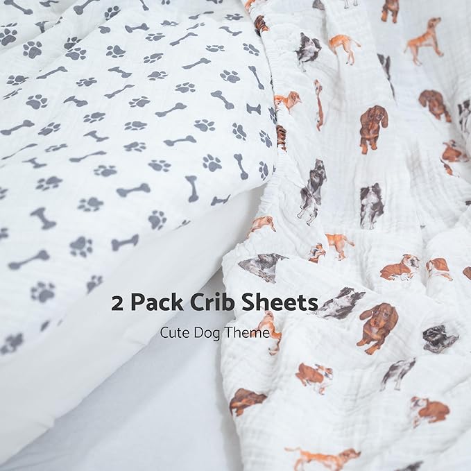 LollyBanks Muslin Crib Sheets 2 Pack, 100% Cotton Baby Crib Sheets for Boys and Girls, Soft and Breathable Neutral Baby Fitted Sheet for Standard 52"x28" Mattress, Registry (Dogs and Paws Design)