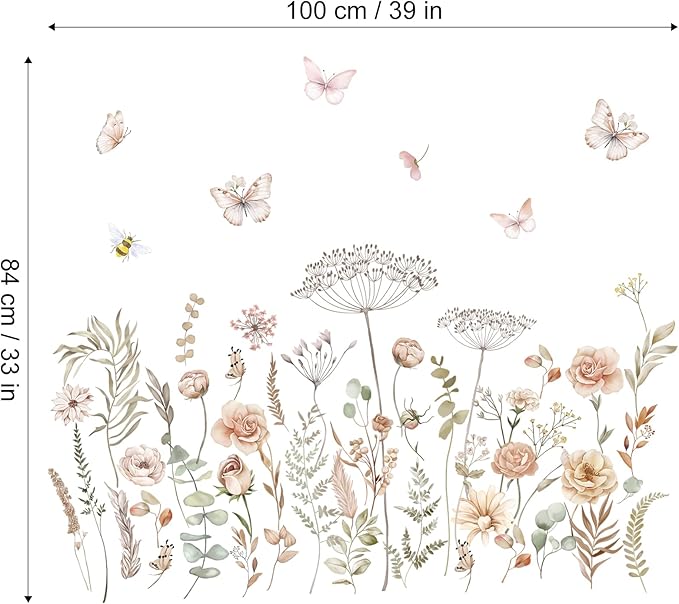 fufuquare Watercolor Boho Wildflower Wall Decals Dandelion Flower Grass Butterfly Wall Stickers Vintage Art Baby Nursery Girls Bedroom Kids Living Room Home Decor