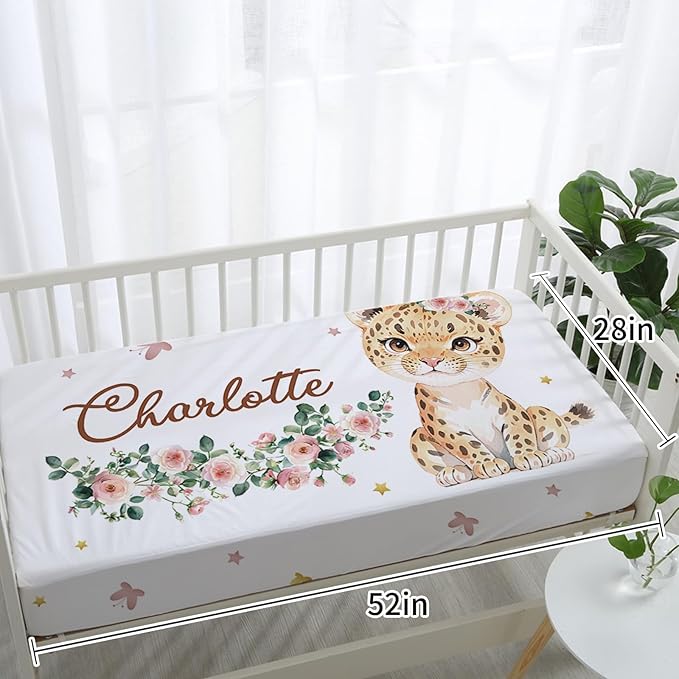 Personalized Baby Crib Bedding Set: 4 Piece Custom Floral Leopard Crib Bed Set with Name, Nursery Bedding Set for Baby Girls, Newborn Boys Crib Sets, Crib Bedding Custom Gift, Crib Sheet