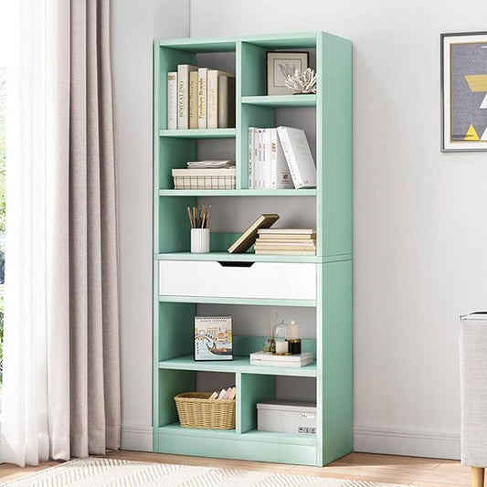 IOTXY Wooden Open Shelf Bookcase - 61 Inches Height Freestanding Display Storage Cabinet Organizer with 8 Cubes and a Drawer, Floor Standing Bookshelf in Tiffany-Green