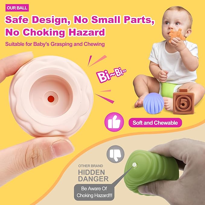 Montessori Toys for Babies, 3 in 1 Baby Toys 6 to 12 Months - Stacking Blocks & Sensory Balls & Soft Teething Rings, Newborn Learning Toys Activity Gifts for Toddlers 3-6-9-12 Months, 18PCS