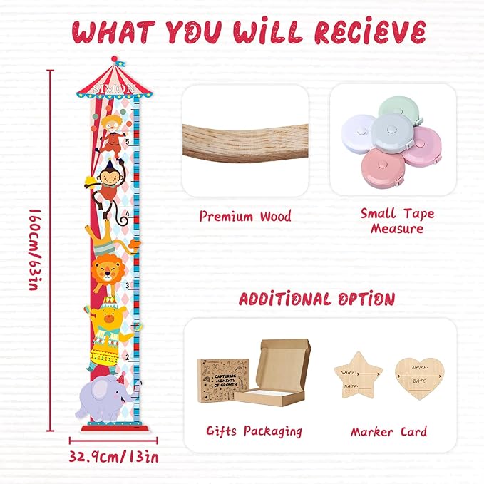 Woodemon Personalized Growth Chart for Wall, Circus Animals Height Measurement for Kids, Wooden Growth Chart for Kids Room Nursery Wall Decor