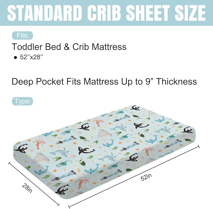 Colorful Sea Animals Baby Crib Sheet 52''x28'' Ocean Whale Dolphin Turtle Shells Coral Lighthouse Ship Stretchy Fitted Crib Mattress Cover for Boy Girl Baby Sheets for Standard Crib Toddler Mattress