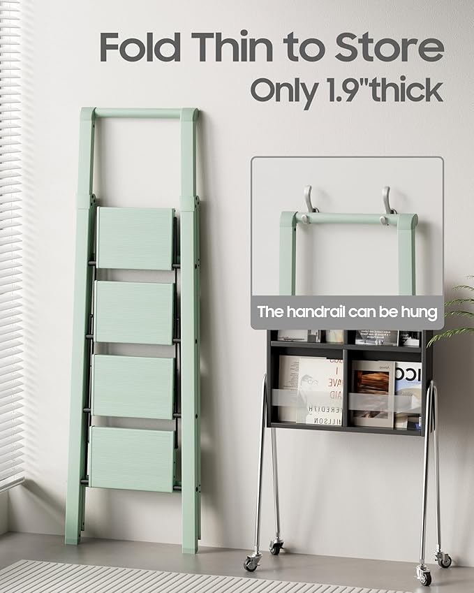 HillhutApex 4 Step Foldable Aluminum Step Ladder with Handgrip, Anti-Slip Pedal, 330 lbs Capacity, Lightweight & Portable for Home, Kitchen, Office, Garage (Pale Green)
