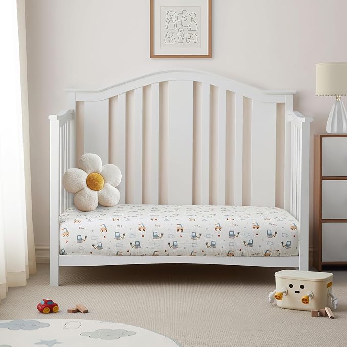 SiinvdaBZX 2 Pack Muslin Crib Sheets for Boys, Ultra Soft Cotton Breathable Fitted Baby Crib Mattress Sheets for 52"x28" Standard Toddler Mattress (2Pcs Construction Trucks)