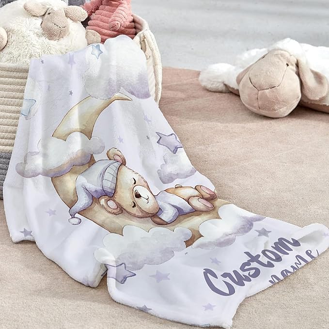 Custom Baby Crib Bedding Set, Personalized Name Moon Bear Design Crib Set 3 Pcs, Soft Double Layer Blanket, Crib Sheet & Room Rug, Ideal Nursery Decor Gift for Baby Girls Boys