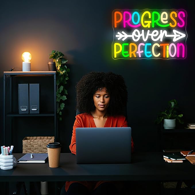 Progress Over Perfection Neon Sign for Wall Decor Dimmable Inspirational LED Neon Light for Classroom Decor Affirmation Positive Wall Art for Mental Health Gym Office Study Size 13.9 * 9.4in(GLNP242)