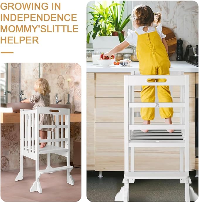 Kitchen Step Stool Helper - WOOD CITY Montessori Foldable Toddler Standing Tower for Toddlers with Safety Rail Height Adjustable Ideal Helper for Learning New Skills Natural Pine Wood (White)