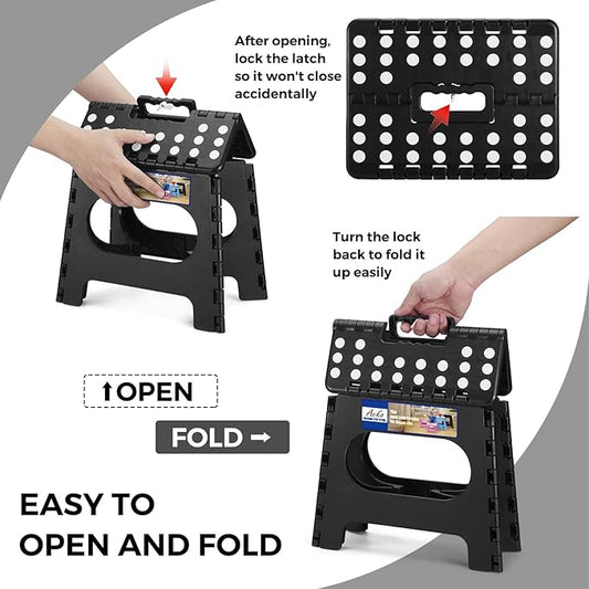 ACKO Folding Step Stool Foldable Step Stools for Kids, 11 Inch Foot Stool Black Plastic Step Stool with Portable Handle Small Stool Hold up to 300lbs for Bathroom, Kitchen 1PC