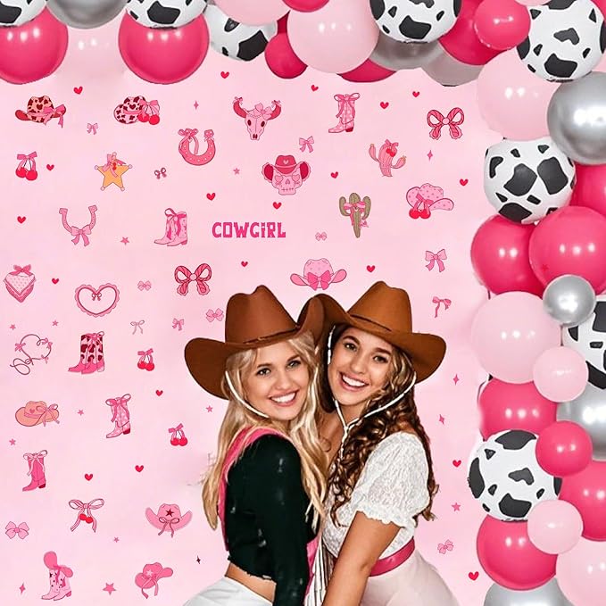 Cowgirl Stickers for Wall Cowgirl Balloon Arch Decoration Vinyl Decals Pink Girls Room Wall Decal Peel and Stick Western Hat Boot Sticker Retro Cherry Bow Art Murals for Kids Bedroom Farmhouse Gifts