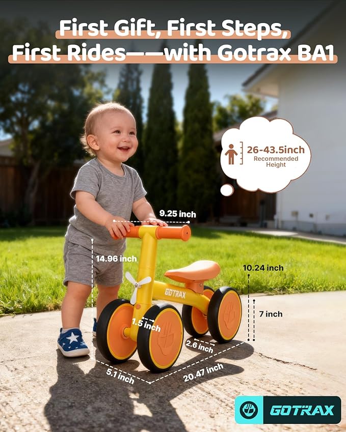 Gotrax Baby Balance Bike 1-2 Years, 7" Front&Rear Silent Wheels, Sturdy Steel Frame 66 lbs Load, Quick 2-Min Assembly, CPC Certified, Comfortable Soft Seat, Toddler Birthday Gift for Boys&Girls Yellow