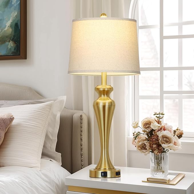 luxeflow 30" Gold Tall Table Lamps for Living Room, Touch Control Bedroom Lamp with USB A+C Ports and AC Outlet, 3-Way Dimmable Bedside Table Lamps Set of 2, Modern Metal Lamp for Nightstand