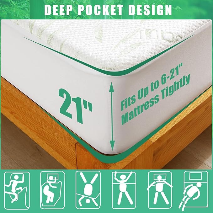 Waterproof Mattress Protector Full Size, Viscose Cooling Breathable Mattress Cover, Fitted Deep Pocket Mattress Pad Cover Stretches up to 23 Inches, Noiseless Soft Bed Cover