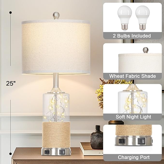 Cinyirong 25" Boho Table Lamps Set of 2, Coastal Glass Bedside Lamps with USB A+C Ports and AC Outlet, Rattan Lamp with Night Light for Nightstand Living Room Bedroom, 2 LED Bulbs Included, Silver