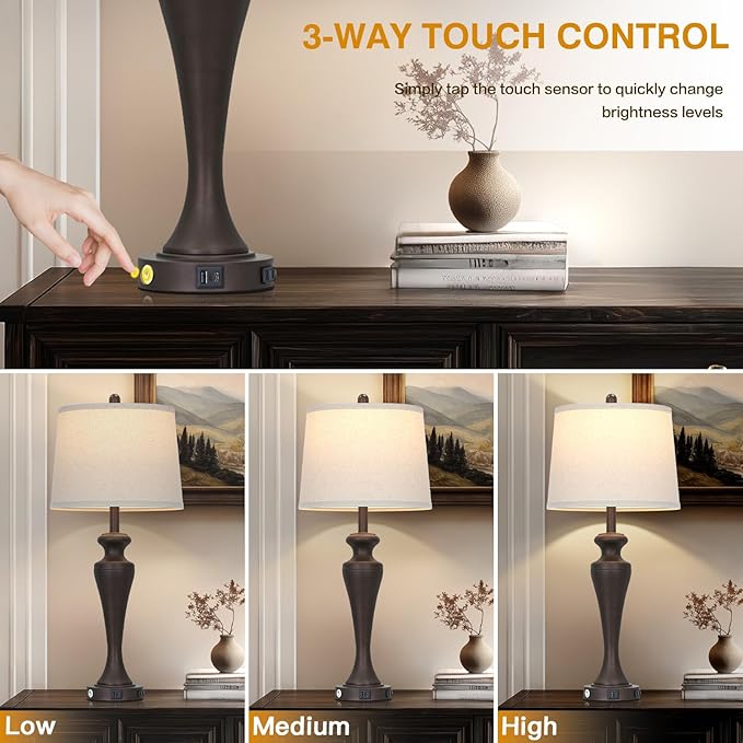 luxeflow 30" Brown Table Lamps Set of 2, 3-Way Touch Control Bedside Lamp with USB A+C Ports and AC Outlet, Tall Living Room Lamps for End Table, Elegant Coffee Bedroom Lamp for Night Stand