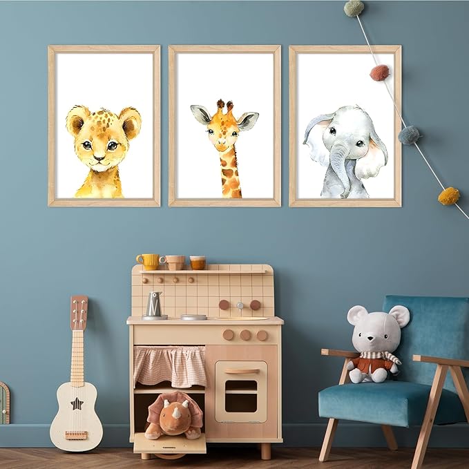YWJKWLGS Baby Safari Nursery Wall Decor 16"x11" Set of 3 Cute Animal Giraffe Elephant Lion Prints Sign Wood Framed for Children's Room Wall Art (Wood)
