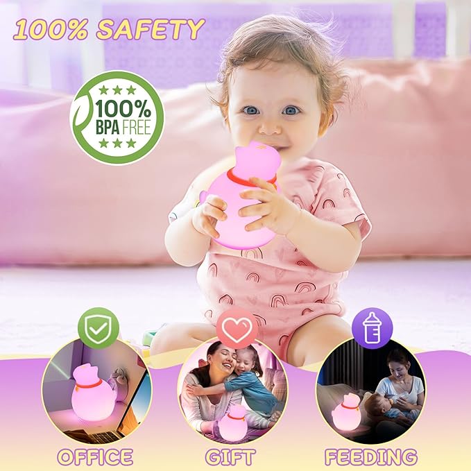 MAGOHMT 7-Color Changing Cat Night Light, Silicone Rechargeable Nursery Light with Timer & 3 Modes, Kids Bedroom Lamp Touch Sensor (Cute Animal Design)
