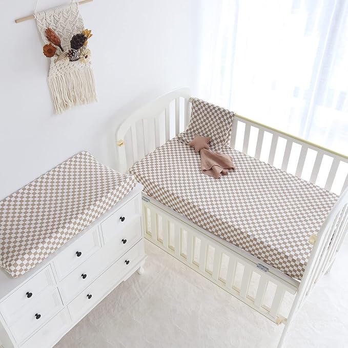 LifeTree Crib Sheets for Baby Unisex - Muslin Fitted Crib Sheets Toddler Bed Sheet, 70% Viscose from Bamboo and 30% Cotton, Fits Standard Crib, Coffee Checkered, 28in x 52in