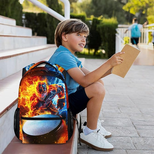 CustomWish Boys Backpack for School - Ice Hockey Backpacks for Kids Teens Elementary Middle Primary High Senior - 17 Inch Lightweight Large Capacity Sport Themed Bookbag Gift