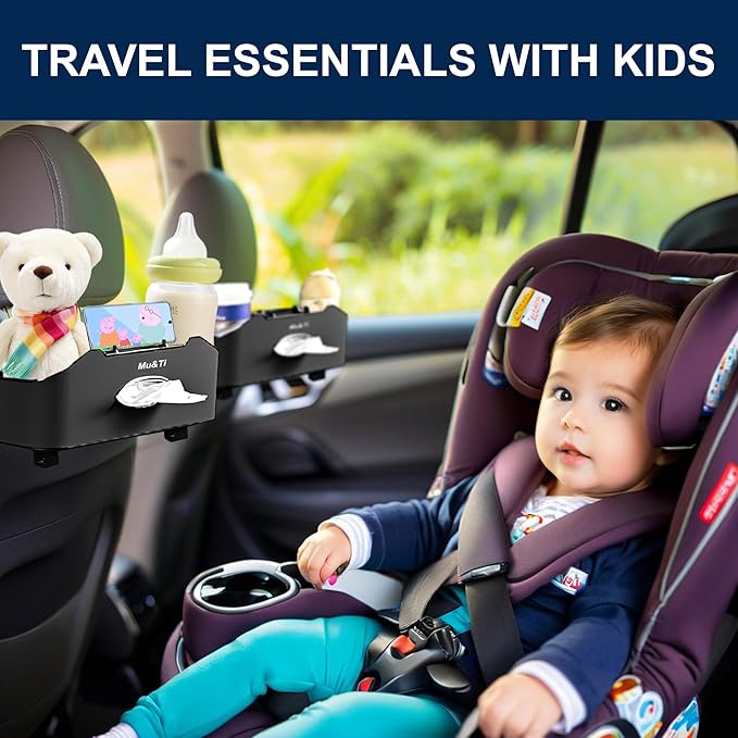 Mu&Ti Back Seat Car Organizer,4+2 in 1 Multifunctional Car Back Seat Storage Box with 2 Cup Holders, Tissue Box and Hook - Ideal for Kids and Travel(Black)