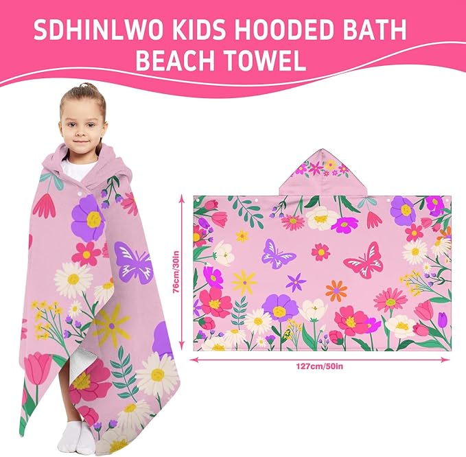 Thickened Hooded Towels for Kids Suitable Girls Boys Kids Bath Towels, 30"x50" Super Absorbent, Flower Cute Cartoon Toddler Towels Multi-Purpose for Beach, Pool and Bathroom