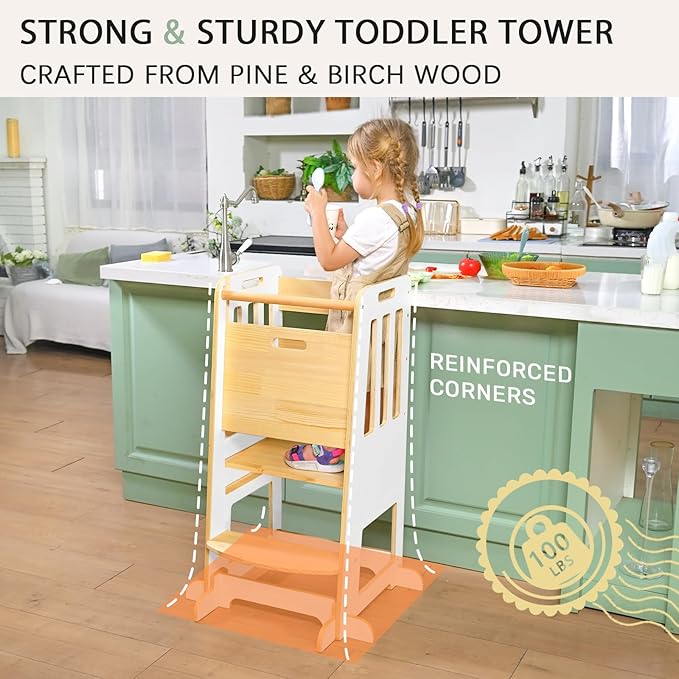 WINGYZ Toddler Tower – Adjustable Step Stool Helper for Kids 18M–6Y, Kitchen Learning Stool with Safety Rail, 3-Height Adjustable, Sliding Door, Full Support Foot, Wooden Updated Design, White