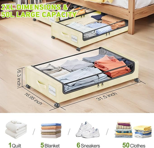 Molutsody Under Bed Storage with Wheels, 4-Pack UnderBed Storage Containers with Clear Lids, Under Bed Shoe Storage Organizer, Rolling Under Bed Storage for Clothes Shoes Blankets (Beige)