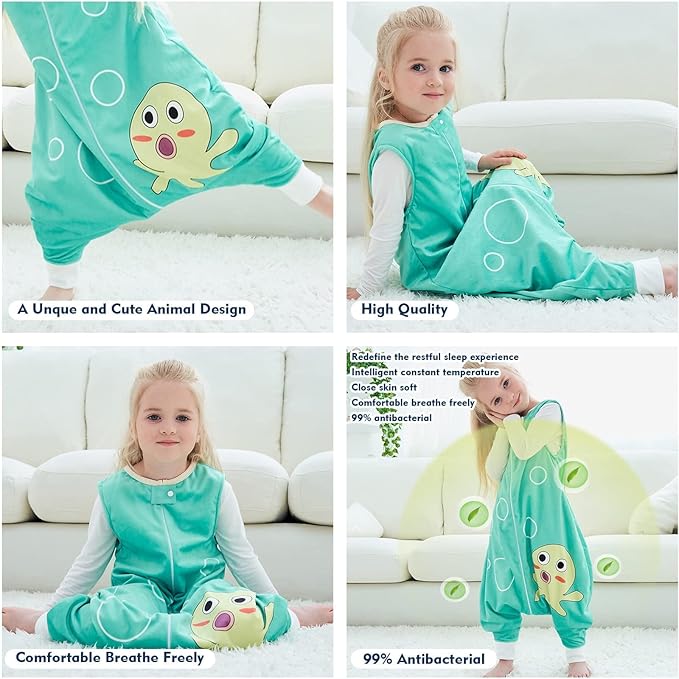 MICHLEY Toddler Sleeping Sack with Feet Newborn Infant Sleeveless Sleeping Bag 2-way Zipper Baby Wearable Blanket for Walkers,Green Octopus,5-6T