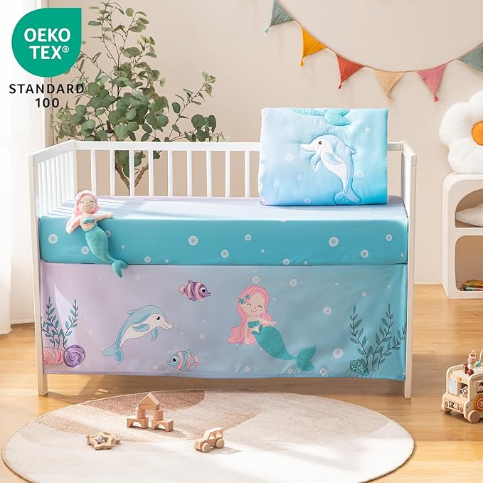 4 Pieces Crib Bedding Set for Baby Boys Girls, Infant Toddler Nursery Baby Bedding Sets Includes Cartoon Quilt, Fitted Crib Sheet, Crib Skirt and Plush Mermaid Toy