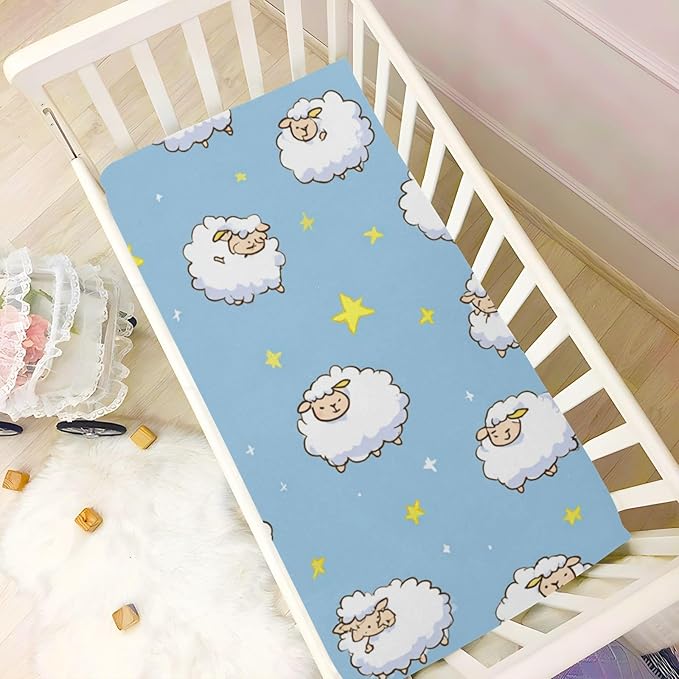 Sheep and Stars Blue Crib Sheets Standard Crib Toddler Mattresses Cover Fitted Baby Bed Sheet Breathable Crib Mattress Sheet for Girls Boys 52" x 28"x5''