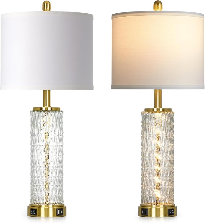 luxeflow 28" Gold Glass Table Lamps Set of 2, Gold Modern Bedside Lamp with LED Night Light, USB A+C, Glass Lamps for Living Room, Bedroom, Nightstand, Office, End Table (2 Bulbs Included)