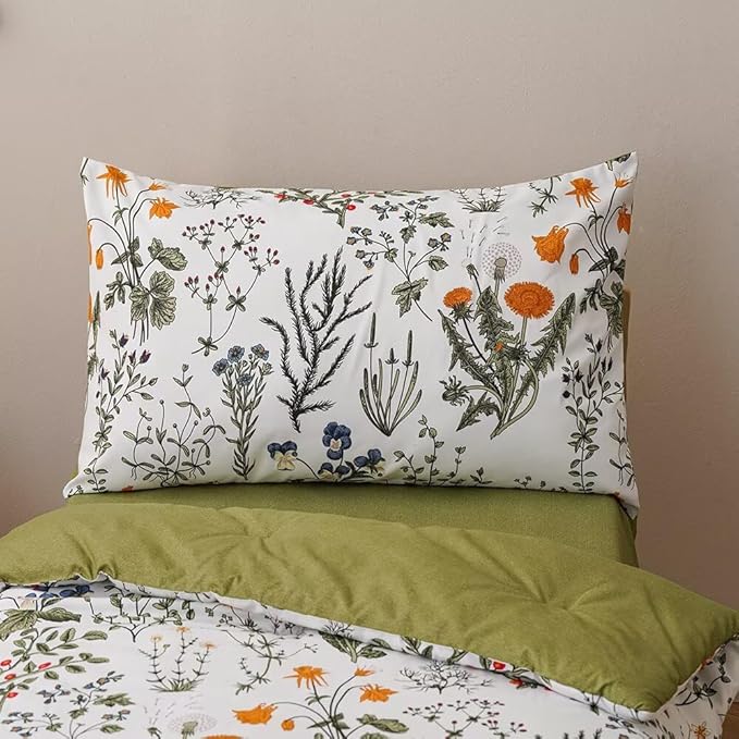 CLOTHKNOW 4 Pieces Floral Toddler Bedding Sets for Grils, Green Leaves Pattern on White, Soft Crib Bed Set Including Comforter, Flat Sheet, Fitted Sheet and Pillowcase, Green White