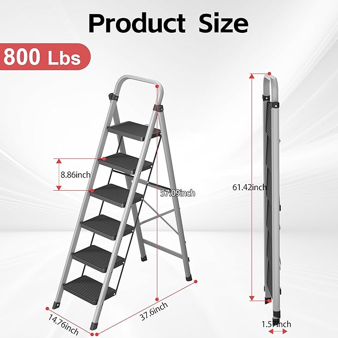 DIAMONDFORGE 6-Step Foldable Step Ladder Stool with Handle, Anti-Slip Wide Pedals & Feet, 800lbs Capacity, Sturdy Stepstool Folding for Adults in Home & Kitchen Use - Silver Gray