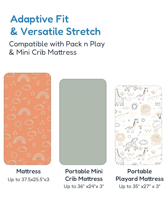 Pack and Play Sheets Fitted, Ultra Soft Orange Cloud and Rainbow Design, Breathable and Soothing, Hypoallergenic, 2 Pack for Baby Boys and Girls