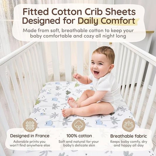 Baby Dinosaur Crib Sheets for Boys & Girls Toddler Bed Sheets Cotton Fitted Crib Sheet Neutral Sets 28"x52", 8" Deep Pocket, Baby Mattress Sheet 2Pack 100% Cotton, Designed in France, Blue White