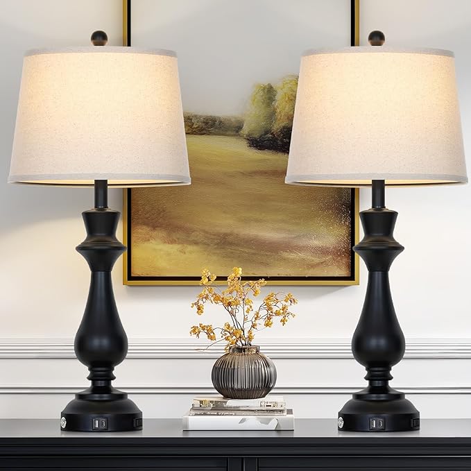luxeflow Modern Black Table Lamps Set of 2 for Living Room,30" Tall Bedside Lamp with USB Charging Port,3-Way Dimmable Touch Nightstand Lamp for Bedroom Desk Side Table Office,Black