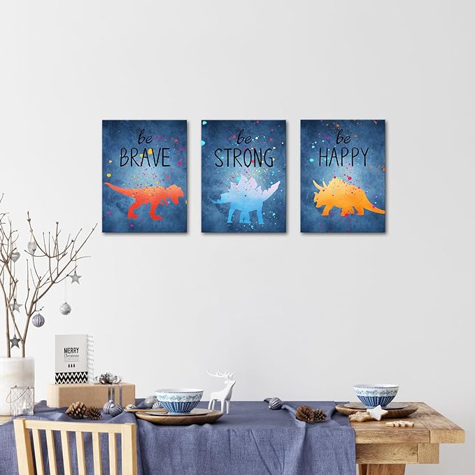 Apicoture Navy Blue Dinosaur Kids Room Wall Decor Brave Happy Cartoon Quotes Dinosaur Paintings Canvas Wall Art Pictures For Childrens Bedroom Framed, 12"X16"X3 Panels (Blue)