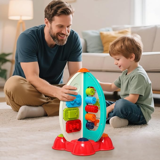 Musical Space Activity Cube Toy with Lights & Sounds - Sensory Educational Busy Board for Baby Boys Girls 6-18 Months, Montessori Learning Toy 1st Birthday Gift (Rocket Theme)