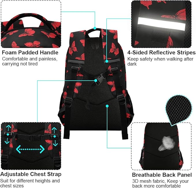 MNSRUU School Backpack with Chest Strap, Butterfly Laptop Backpack, Travel Hiking Backpack for Boys Girls, Rucksack, Knapsack One Size