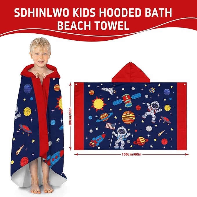 Thickened Hooded Towels for Kids Suitable Girls Boys Kids Bath Towels, 35"x60" Super Absorbent,Space Universe Cute Cartoon Toddler Towels Multi-Purpose for Beach, Pool and Bathroom