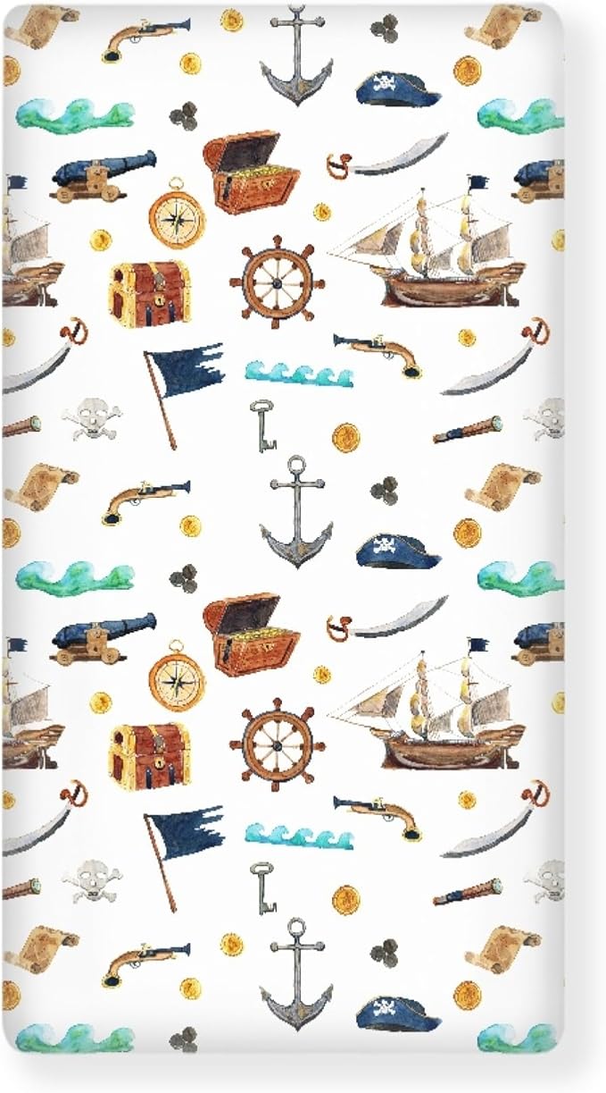 Watercolor Pirate Ship Fitted Crib Sheet for Boys Girls Map Anchor Flag Helm Telescope Baby Sheet for Standard Crib and Toddler Nursery Bed Mattress Sheets 28"x52"