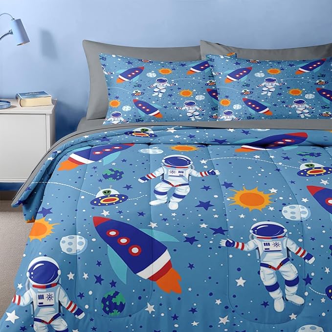 Nesker Comforter Set Toddler Size, Space Moon Astronaut 4 Pcs Bedding for Kids Teens, Science Galaxy Bed Sheet with Pillowcase & Sham